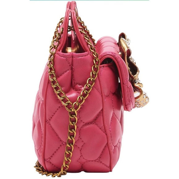 BETSEY JOHNSON Hot Pink Quilted Heart Detail Gold Rhinestone Bow CROSSBODY NEW - Picture 4 of 13
